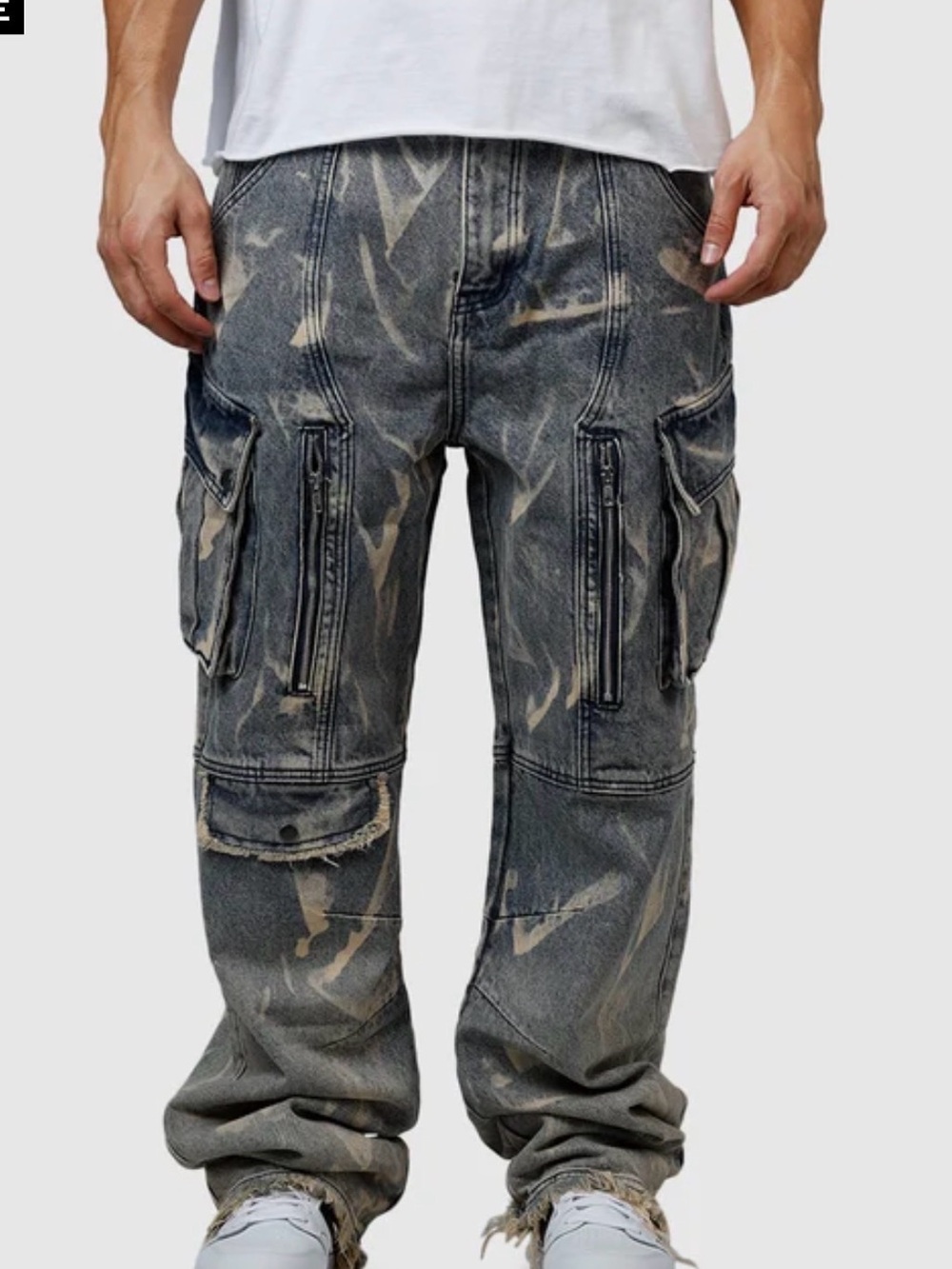 Denim&Co Gray Washed Cargo Pants with Tan Spray-Effect